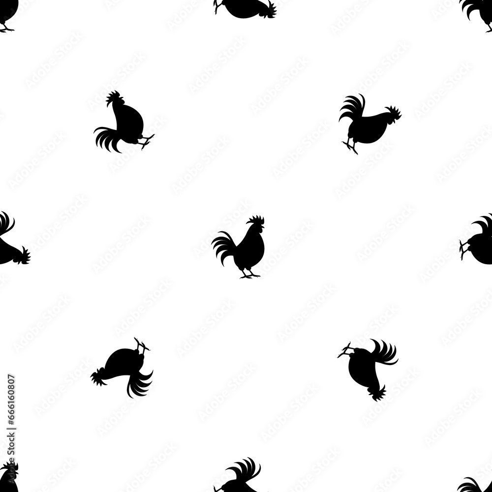 Poster Seamless pattern of repeated black rooster symbols. Elements are evenly spaced and some are rotated. Illustration on transparent background