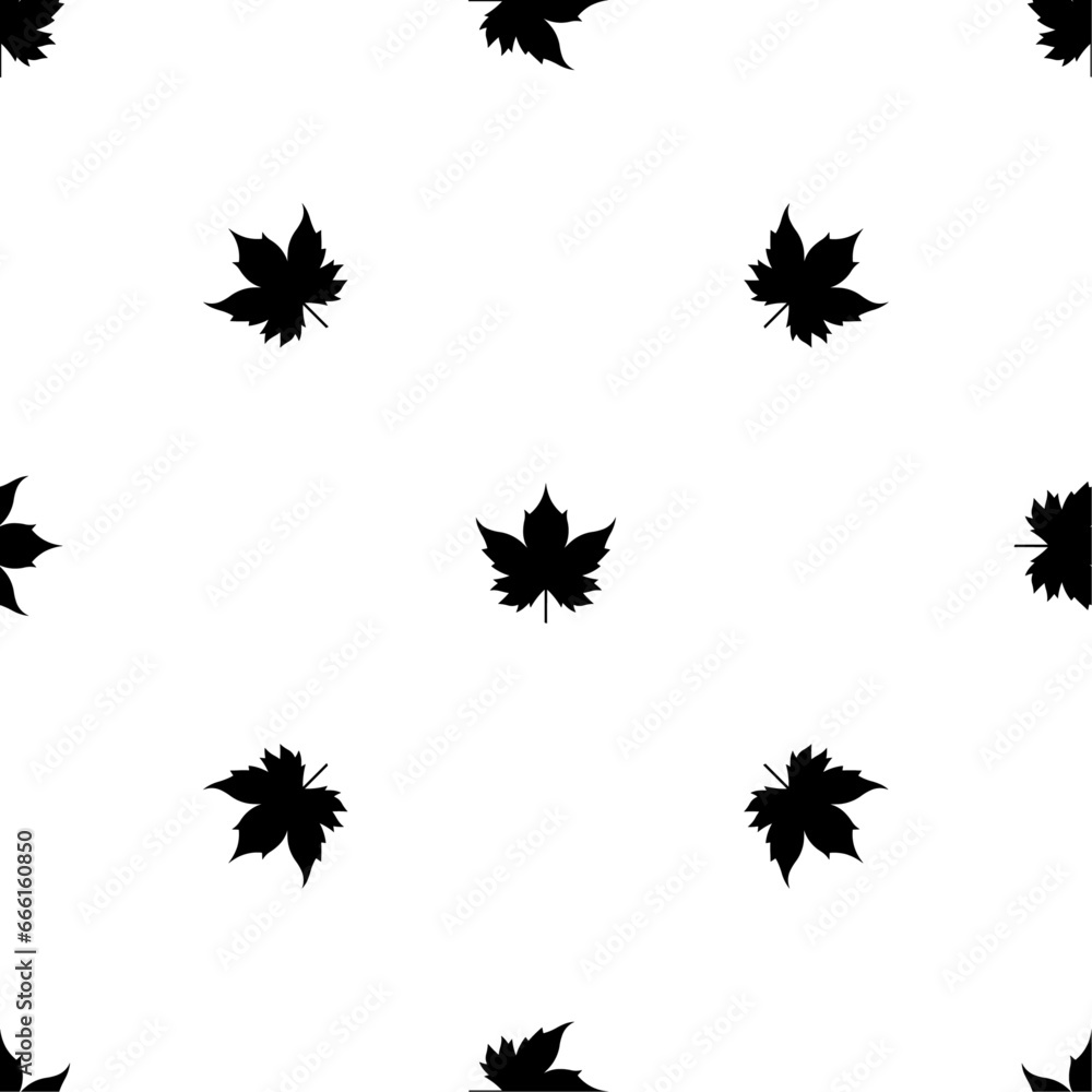 Poster seamless pattern of repeated black maple leaf symbols. elements are evenly spaced and some are rotat