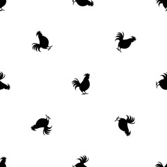 Seamless pattern of repeated black rooster symbols. Elements are evenly spaced and some are rotated. Illustration on transparent background