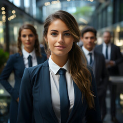 A successful business woman stands at the head of her team as a leader; The young beautiful woman wears a suit with a tie; 4k(1:1)
