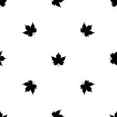 Seamless pattern of repeated black maple leaf symbols. Elements are evenly spaced and some are rotated. Illustration on transparent background