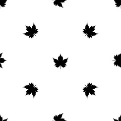 Seamless pattern of repeated black maple leaf symbols. Elements are evenly spaced and some are rotated. Vector illustration on white background