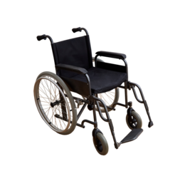 Vehicle for handicaped persons. Empty wheelchair in black with large wheels and manual controls on cut out background. Barrier-free area. Nobody. Medical equipment rental. Disabled mobility. PNG
