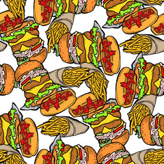 Fast food seamless vector pattern with hamburger, french fries, hot dog. Decorative design for wrapping paper, fabric print, digital background. Hand drawn doodle style cartoon illustration.