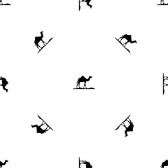 Seamless pattern of repeated black wild camel symbols. Elements are evenly spaced and some are rotated. Illustration on transparent background