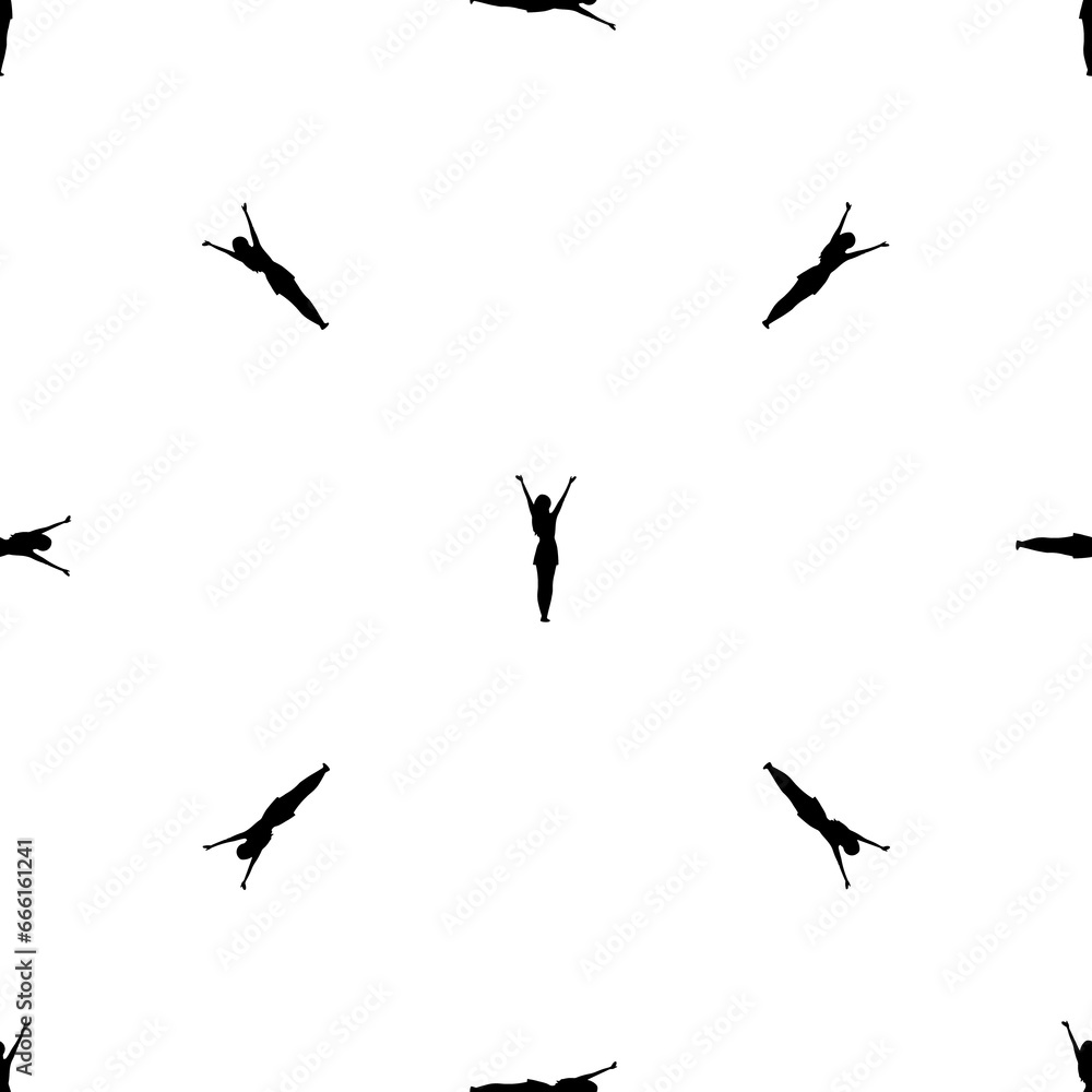 Poster Seamless pattern of repeated black woman with hands up symbols. Elements are evenly spaced and some are rotated. Illustration on transparent background