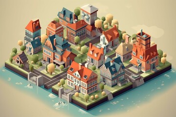 Infographics showcasing isometric houses and urban landscape. Generative AI