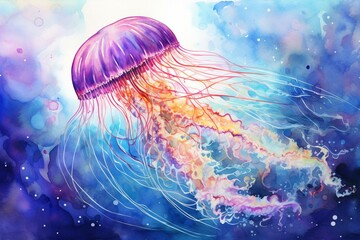 Artistic depiction of jellyfish with watercolor technique. Generative AI
