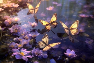 butterflies resting on water violets. Generative AI