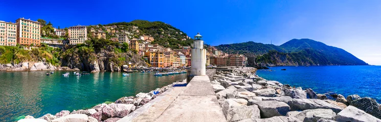 Poster Italy. Camogli - beautiful traditional  village in Liguria, panorama with traditional fishing boats and lighthouse . popular tourist destination © Freesurf