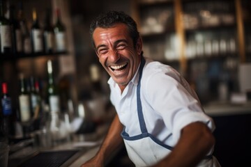Charismatic smiling bartender in working clothes standing behind bar table, looking towards the camera