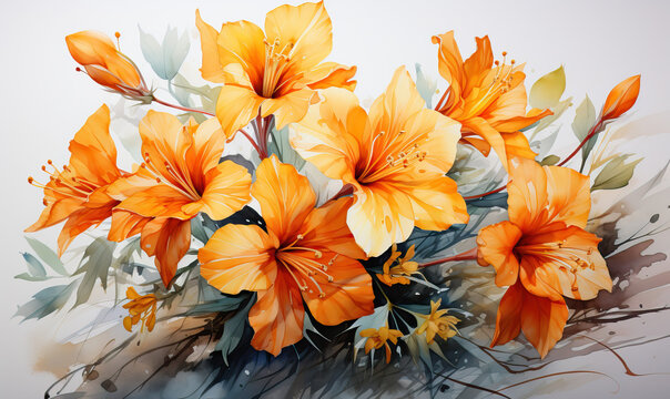 Watercolor image of orange flowers on a white background.
