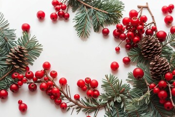 Naklejka na ściany i meble Flatlay composition for Christmas, Red berries and spruce branches on a white background with room for writing