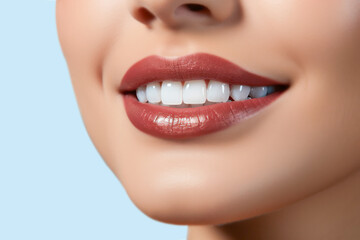 Fototapeta premium Dental care beautiful and healthy smile of a young woman on light blue background.