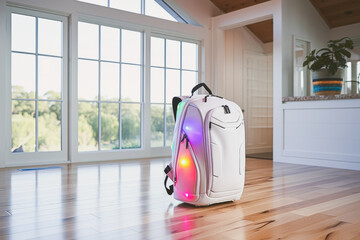 Close up of modern backpack on wooden floor in empty house. Family travel concept of holidays and vacations.