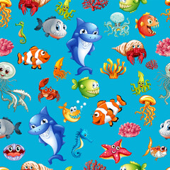 Fototapeta na wymiar Seamless pattern, children's, cartoon, sea creatures, print for fabric, children's clothing, textile wrapping paper. Illustration, vector