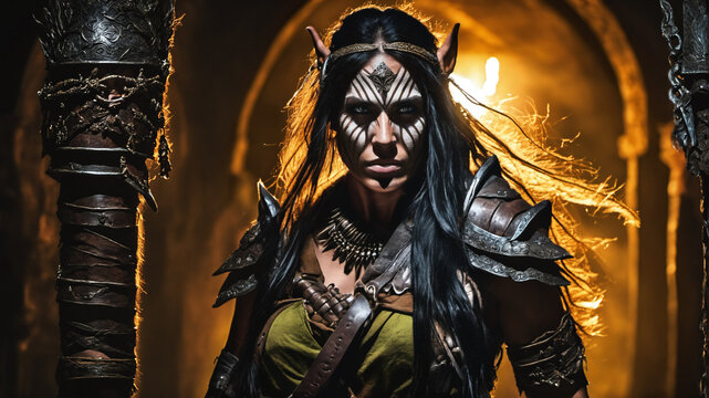 A female ogre in a candle-lit stone cave with tribal face paint, creating a mystical fantasy atmosphere..