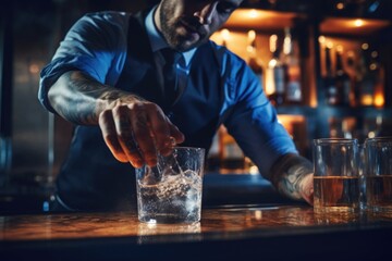 close-up of an unrecognizable bartender behind the bar preparing a cocktail,