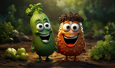 3D cartoon vegetables talking to each other. - obrazy, fototapety, plakaty