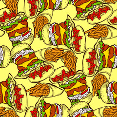 Fast food seamless vector pattern with hamburger, french fries, hot dog. Decorative design for wrapping paper, fabric print, digital background. Hand drawn doodle style cartoon illustration.