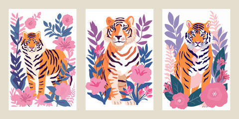 Set of vector illustrations with tigers, flowers and leaves. Wild and exotic animals.