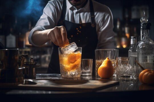 close-up of an unrecognizable bartender behind the bar preparing a cocktail,
