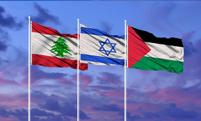 Flags of Israel, palestine  and Lebanon The concept of tense relations between Israel and palestine . - obrazy, fototapety, plakaty