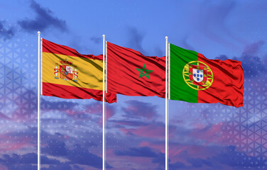 Three realistic flags of morocco, spain and Portugal on flagpoles and blue sky