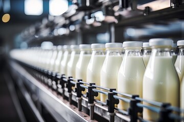 Glass bottles with a dairy product on a production line. Dairy plant production line.