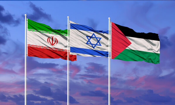 Flags of Israel, palestine  and iran The concept of tense relations between Israel and palestine .