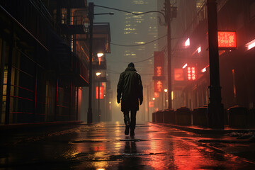 man walking down a dark city street under rain, futuristic, generative ai 
