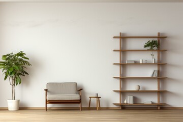 Fototapeta na wymiar Minimalist living room with empty canvas and stylish shelving unit. Generative AI