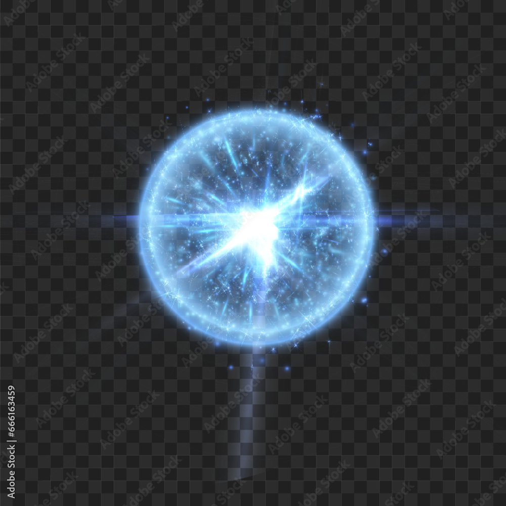 Poster Abstract light effect. Explosion of a blue nova in outer space. Vector on transparent background.