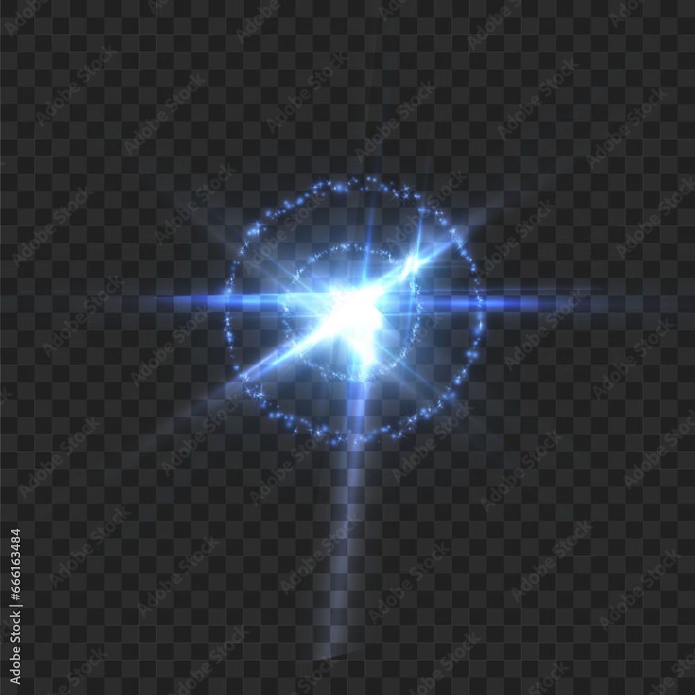 Poster Abstract light effect. Explosion of a blue nova in outer space. Vector on transparent background.