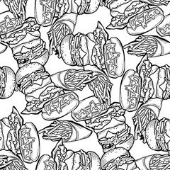 Fast food seamless vector pattern with hamburger, french fries, hot dog. Decorative design for wrapping paper, fabric print, digital background. Hand drawn doodle style cartoon illustration.