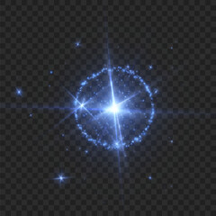 Abstract light effect. Explosion of a blue nova in outer space. Vector on transparent background.