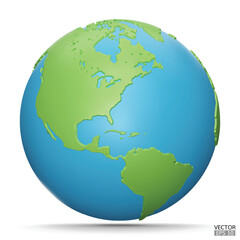 3D Earth Globes with shadow on white background. Green, blue Modern world map. World planet. Travel around the world, Earth Day, or environment conservation concept. 3D vector illustration.