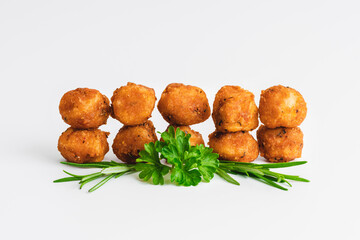 Chicken Breaded Fillet.Fast food. Breaded Chicken Inner Fillet on a White Background,Chicken Breaded Raw Meat. Fast cooking. Breaded chicken nuggets. Homemade food at home.