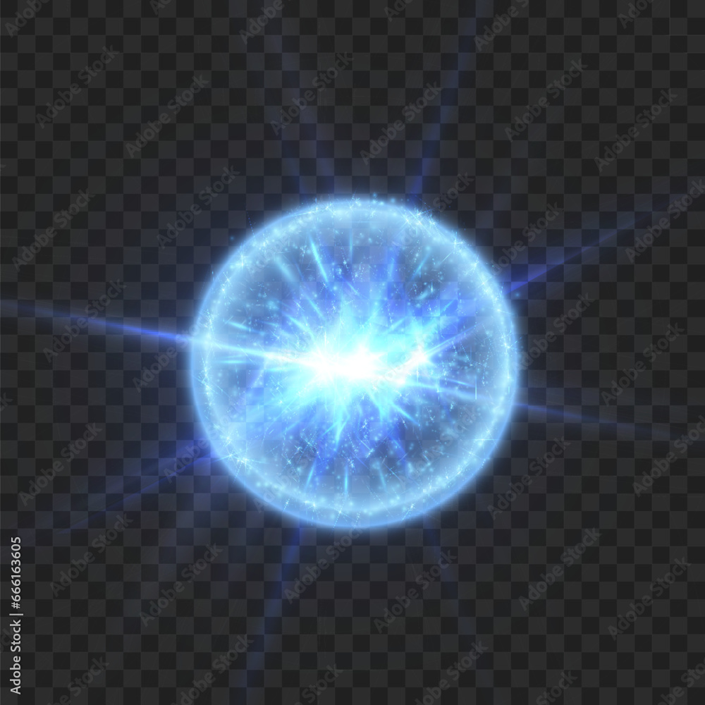 Poster Abstract light effect. Explosion of a blue nova in outer space. Vector on transparent background.