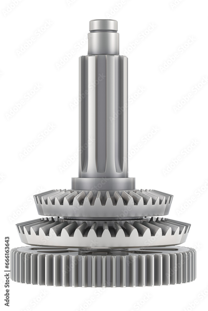 Poster external bevel conical gear model, cogwheel mechanism. 3d rendering isolated on transparent backgrou