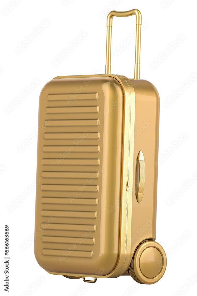Poster golden luggage with spinner wheels and telescoping handle. 3d rendering isolated on transparent back