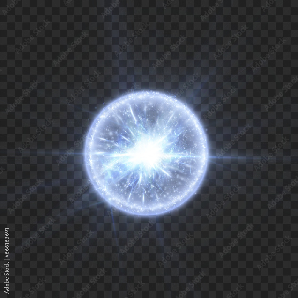 Poster Abstract light effect. Explosion of a blue nova in outer space. Vector on transparent background.