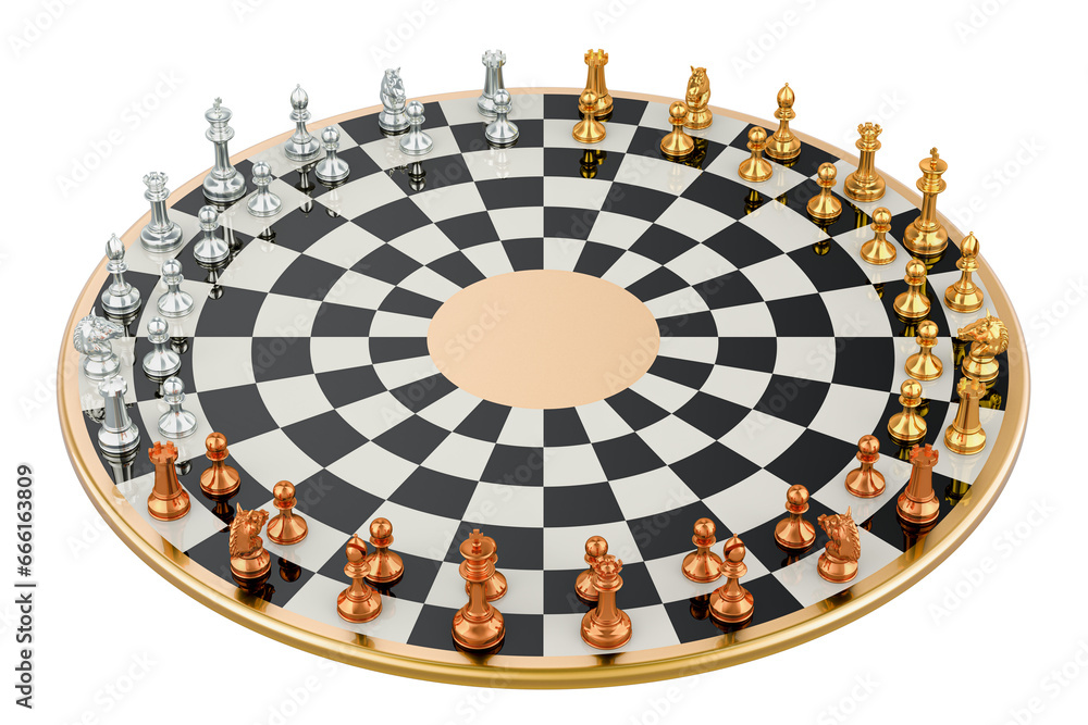Poster wooden three player chess. 3 player chess set with round, circular board. 3d rendering isolated on t