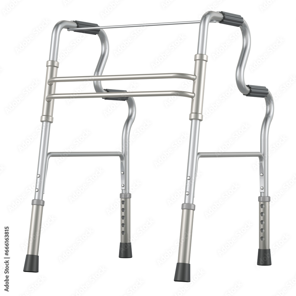 Poster aluminium walking frame. adjustable height walker with anti slip feet. 3d rendering isolated on tran