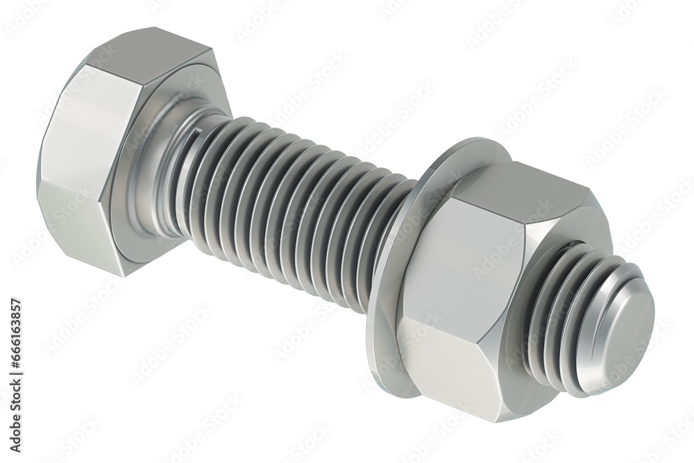 Poster bolt with washer and nut, 3d rendering isolated on transparent background