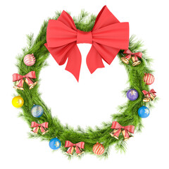 Fototapeta na wymiar Christmas Holiday Wreath, Xmas wreath from fir tree with red bow, christmas bells and shiny balls. 3D rendering isolated on transparent background