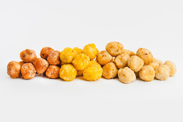 Assorted Breaded Chicken Inner Fillet,Chicken Breaded Raw Meat.Fast cooking.Breaded Chicken nuggets Fillet with salad on a White Background,food at home.Fast homemade food.Chicken breaded .