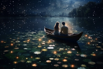 a young couple in a tray on a lake at night. generative ai
