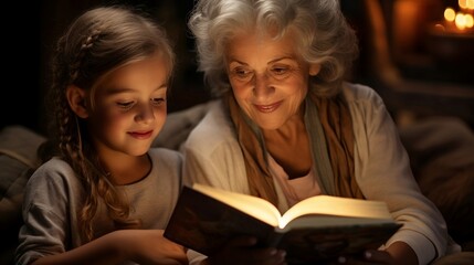 Grandmother and granddaughter are reading fairy taleon bed at night at home.