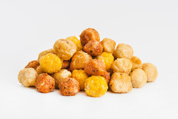 Assorted Breaded Chicken Inner Fillet,Chicken Breaded Raw Meat.Fast cooking.Breaded Chicken nuggets Fillet with salad on a White Background,food at home.Fast homemade food.Chicken breaded .